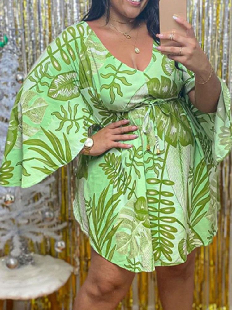 Långärmat Tryck Ovanför Knä A-Line Plant Klänning Plus Size