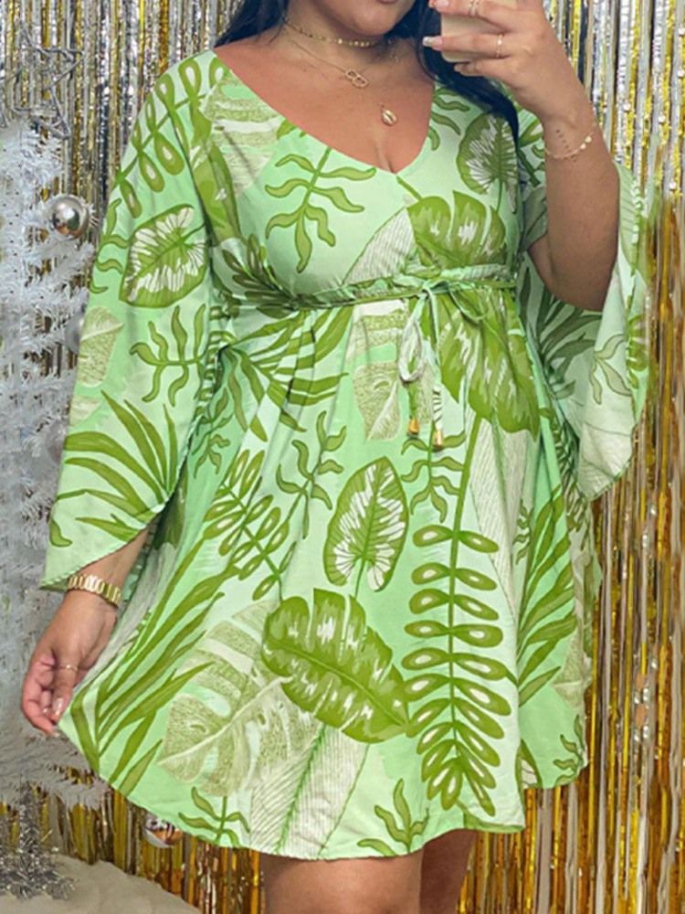 Långärmat Tryck Ovanför Knä A-Line Plant Klänning Plus Size