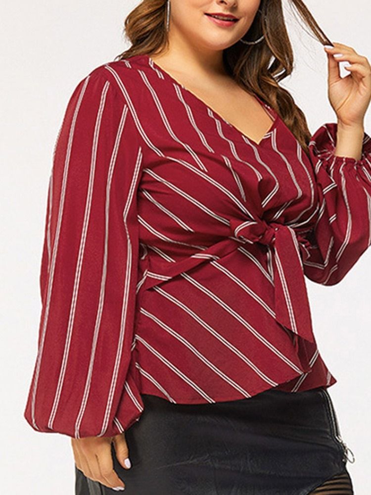 Lantern Sleeve Stripe V-Neck Långärmad Standard Damblus Plus Size
