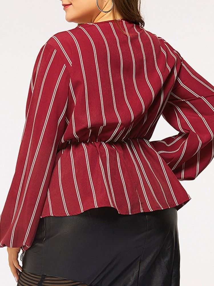 Lantern Sleeve Stripe V-Neck Långärmad Standard Damblus Plus Size