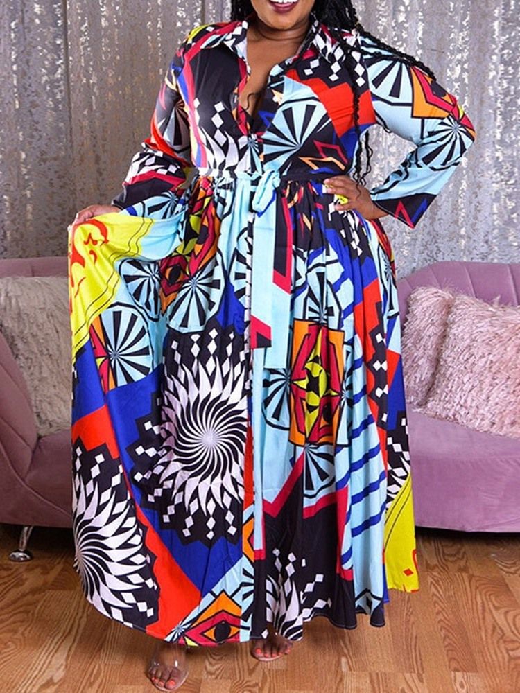 Lapel Floor-Längd Print Expansion Pullover Klänning