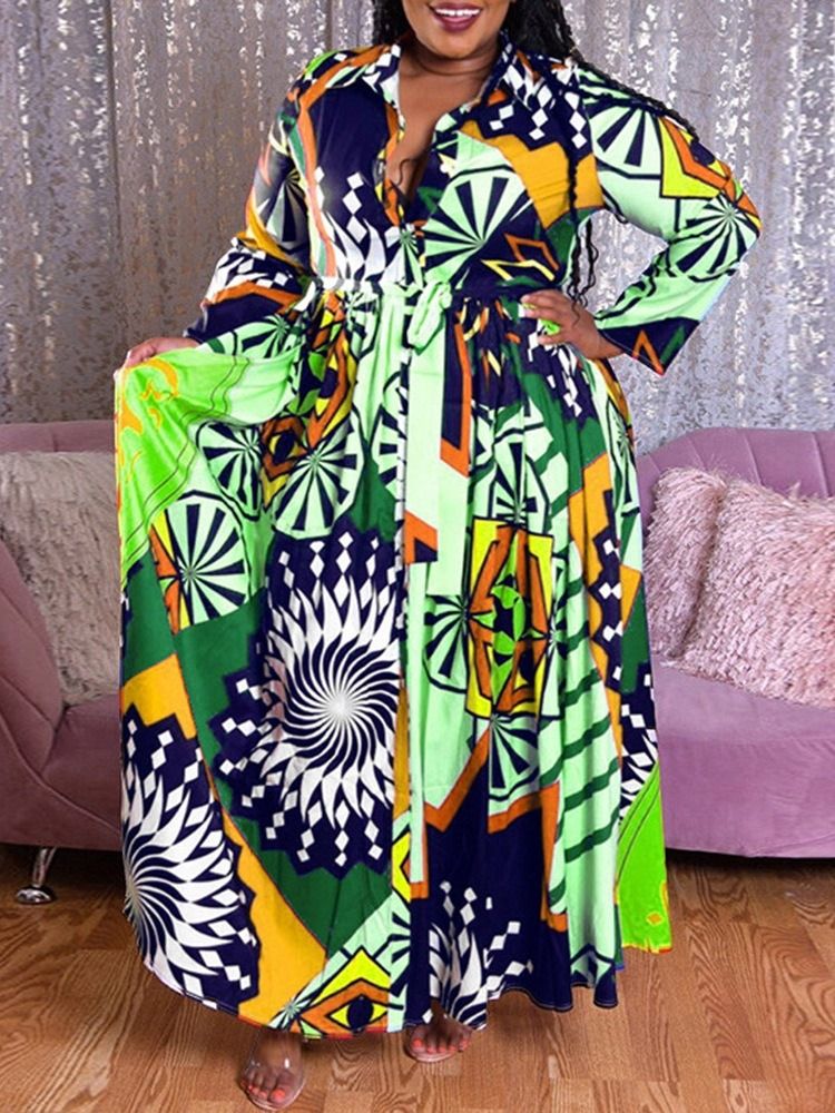 Lapel Floor-Längd Print Expansion Pullover Klänning