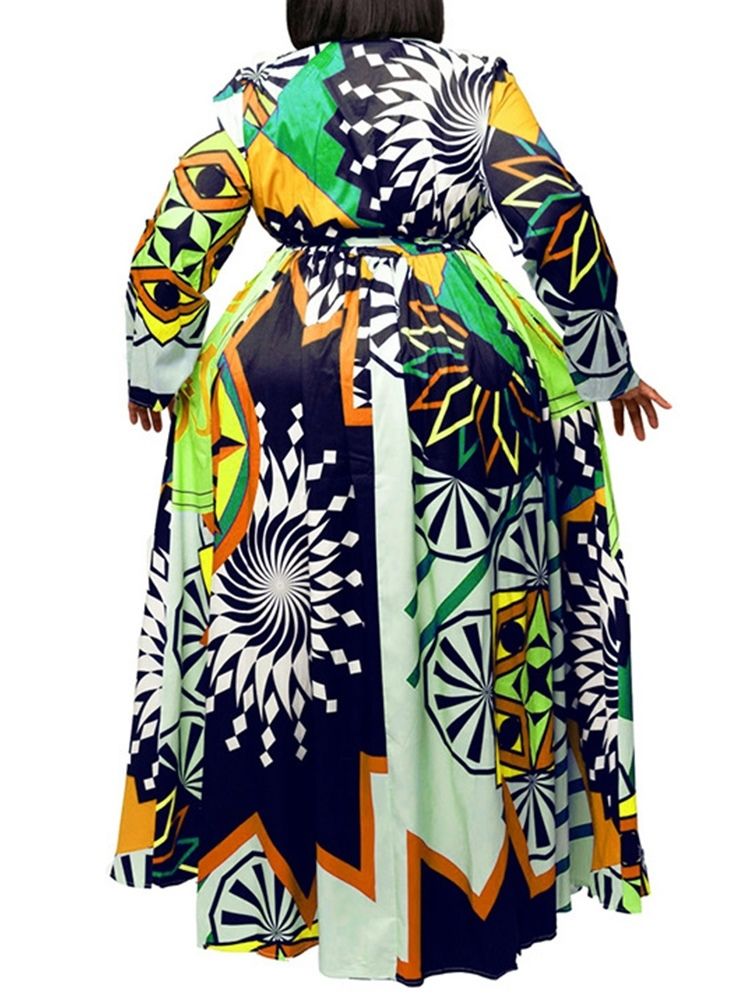 Lapel Floor-Längd Print Expansion Pullover Klänning
