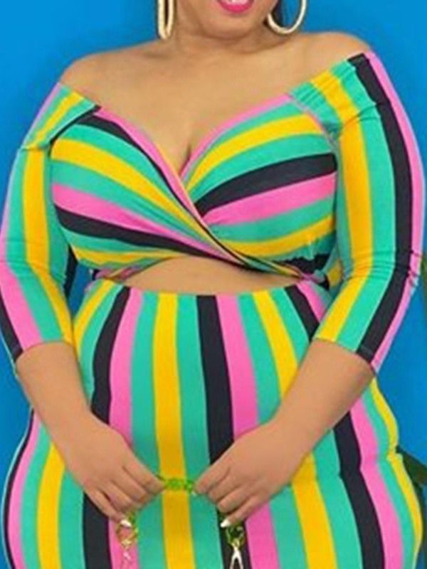 Mid-Calf Patchwork Trekvartsärm Pullover Stripe Bodycon Klänning Plus Size