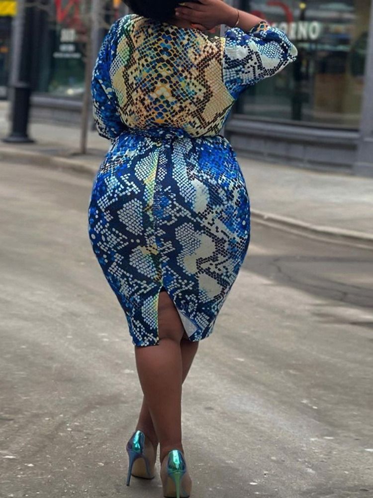 Mid-Calf Trekvartsärm V-Ringad Western Bodycon Klänning Plus Size