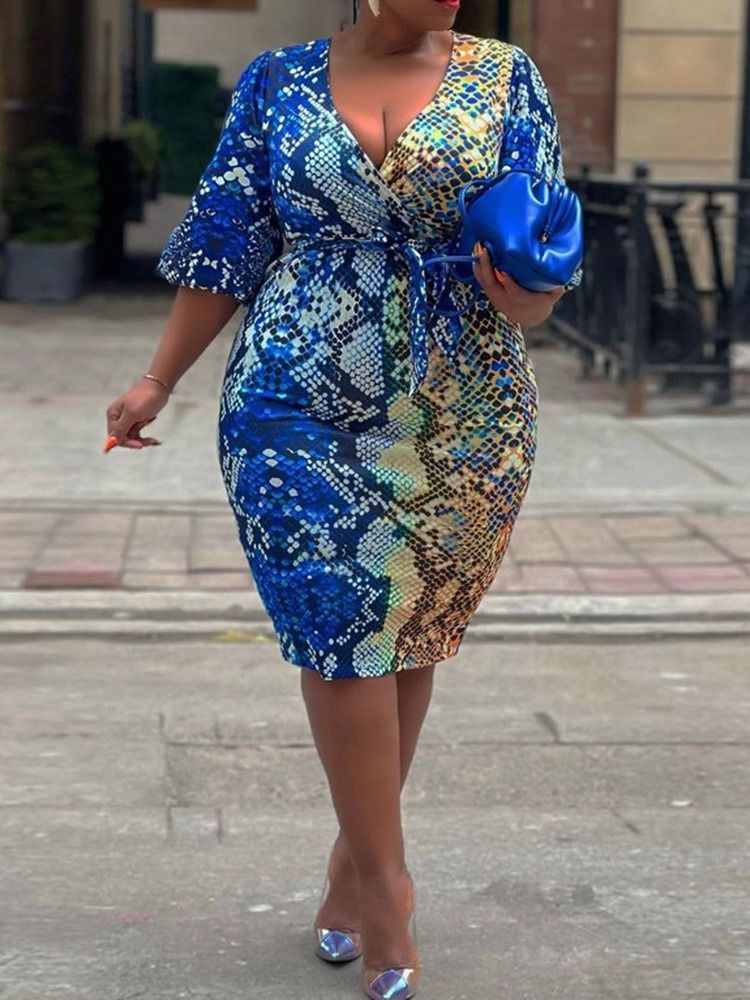 Mid-Calf Trekvartsärm V-Ringad Western Bodycon Klänning Plus Size