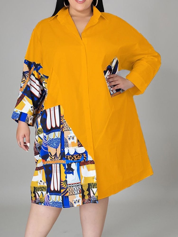 Mid-Kalf Långärmad Lapel Office Lady Bodycon Klänning Plus Size