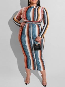 Mid-Kalf Långärmad Patchwork Stripe Plus Size Klänning