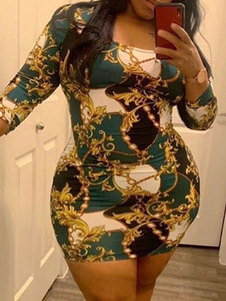 Nine Points Sleeve Patchwork Above Knee Pullover Bodycon Klänning Plus Size