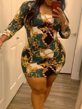 Nine Points Sleeve Patchwork Above Knee Pullover Bodycon Klänning Plus Size