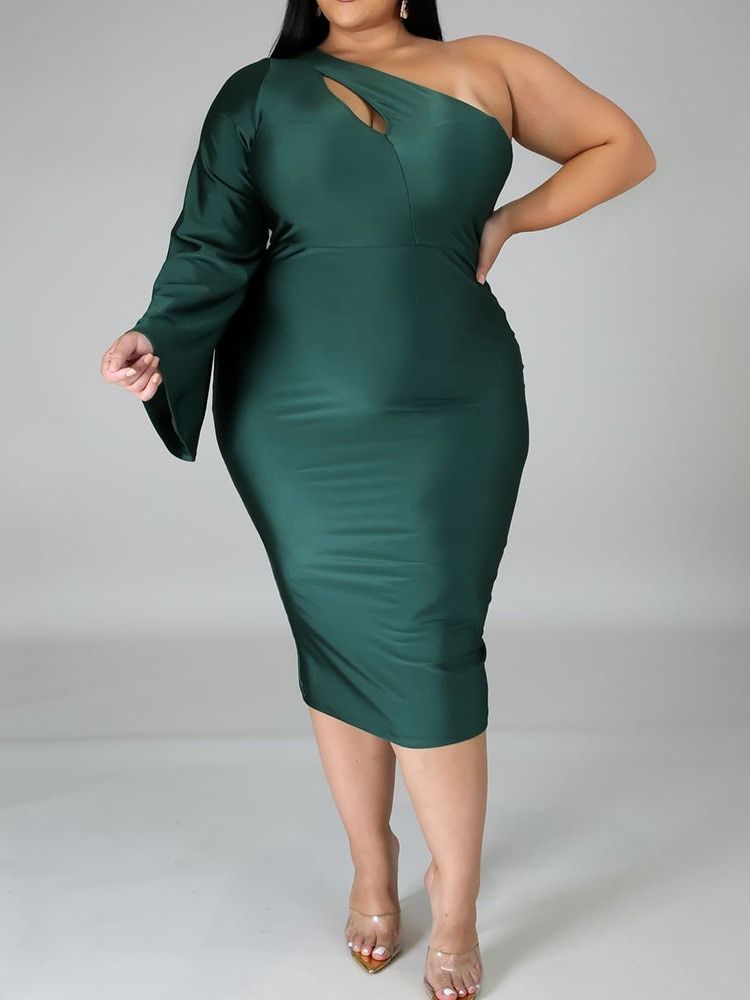 Oblique Collar Asymmetrisk Mid-Calf Plus Size Vanlig Klänning