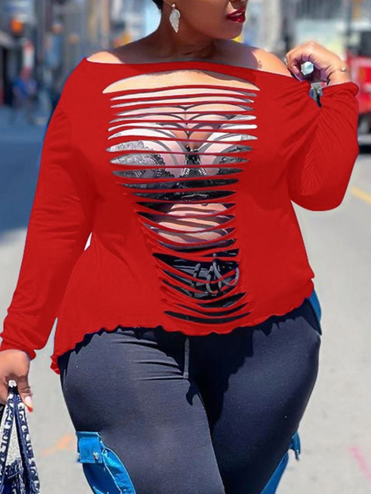 Off Shoulder Långärmad Standardmode Lös T-Shirt För Kvinnor Plus Size