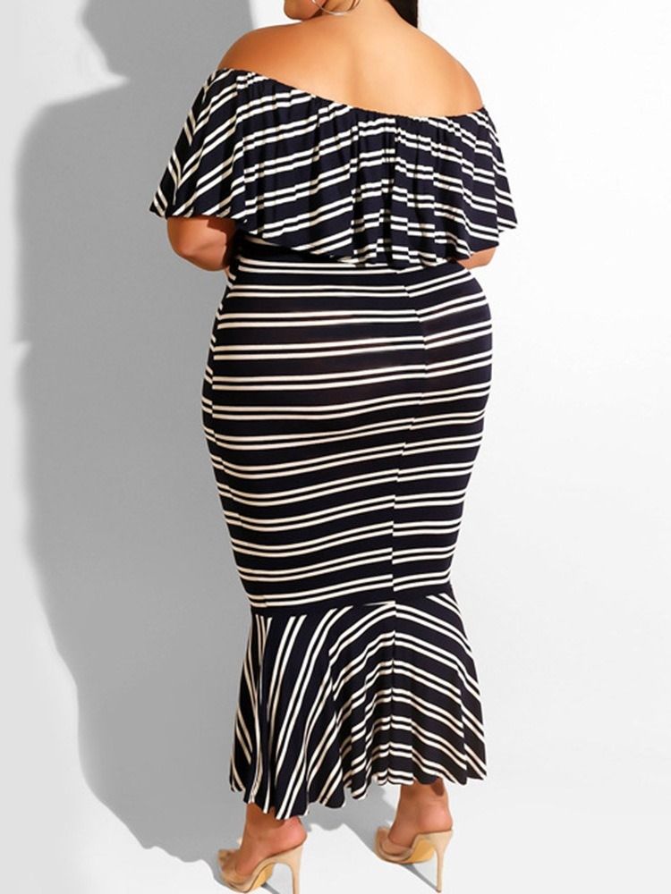 Off Shoulder Patchwork Mid-Calf Fashion Stripe Mermaid Bodycon Klänning