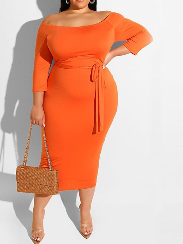 Off Shoulder Snörning Trekvartsärm Plus Size Vanlig Klänning