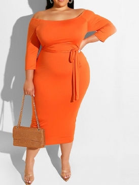 Off Shoulder Snörning Trekvartsärm Plus Size Vanlig Klänning