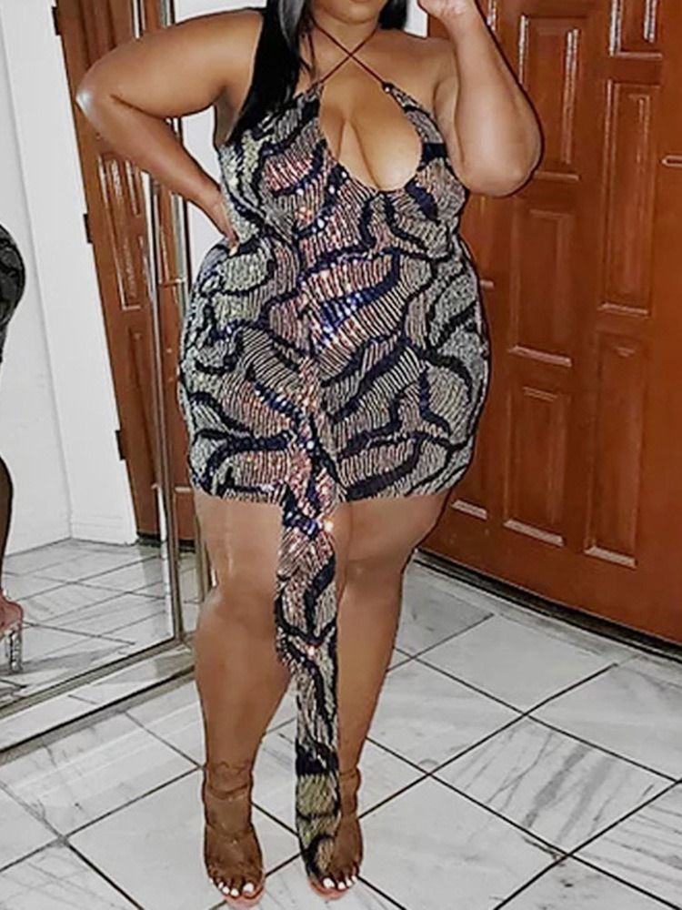 Paljetter Above Knee Ärmlös Western Bodycon Klänning Plus Size