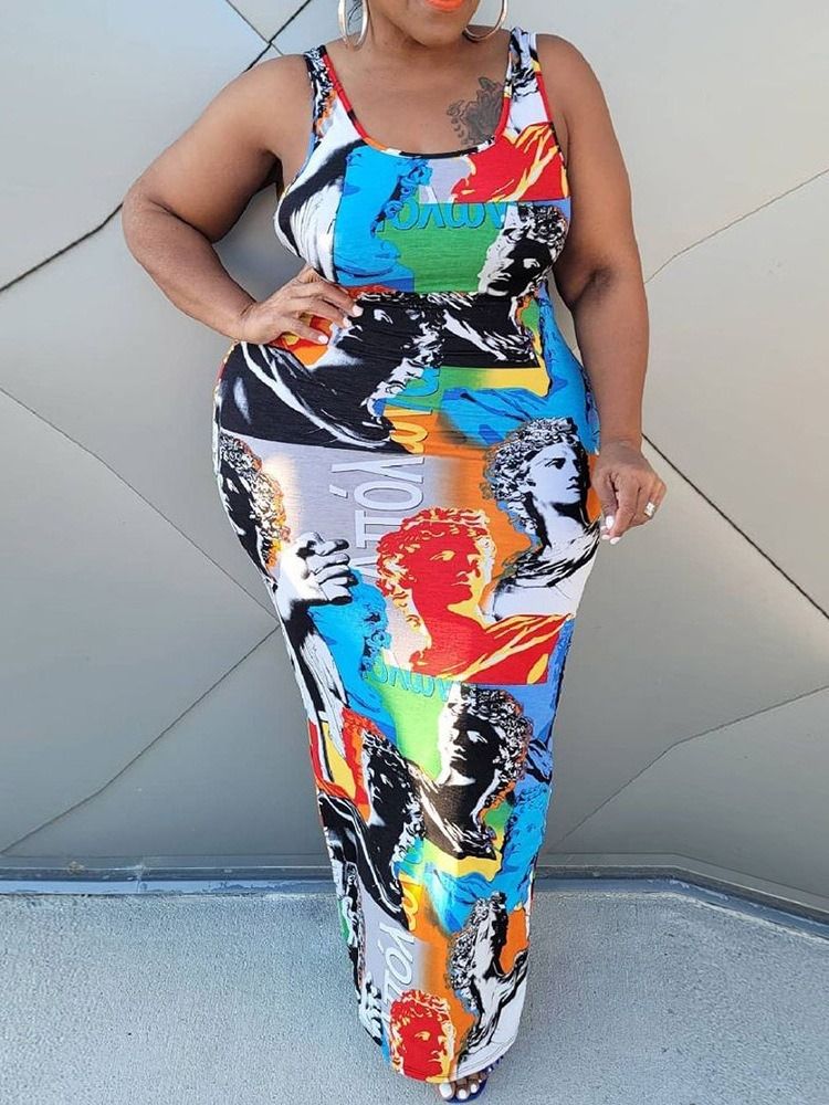 Patchwork Ärmlös Scoop Casual Bodycon Klänning Plus Size