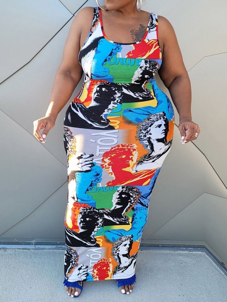Patchwork Ärmlös Scoop Casual Bodycon Klänning Plus Size