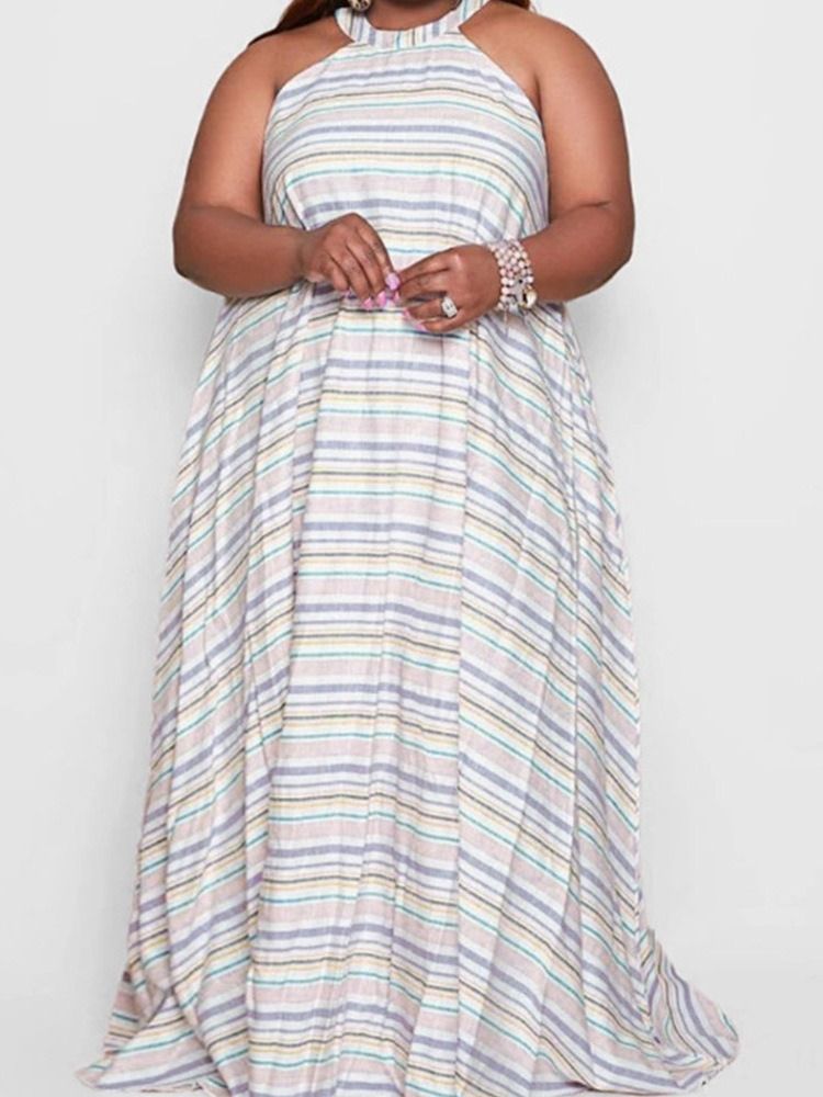 Patchwork Golvlång Ärmlös Randig Maxiklänning Plus Size