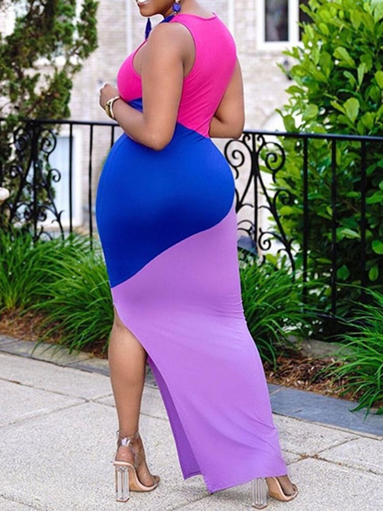 Patchwork Golvlång Rund Hals Sexig Bodycon Klänning Plus Size