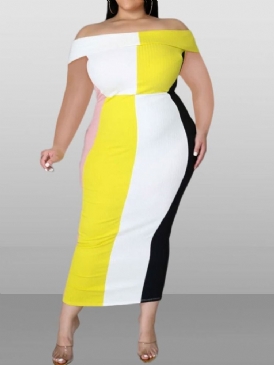 Patchwork Kortärmad Off Shoulder Color Block Pullover Bodycon Klänning Plus Size