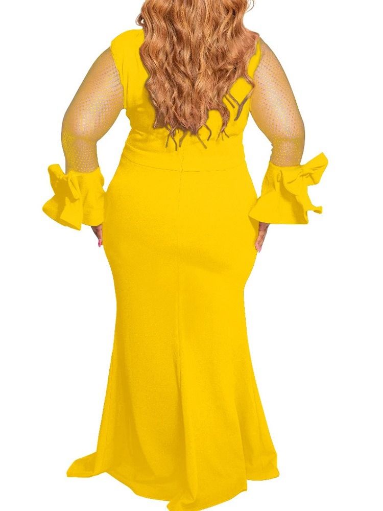Patchwork Långärmad Golvlång Sjöjungfrutröja Bodycon Klänning Plus Size