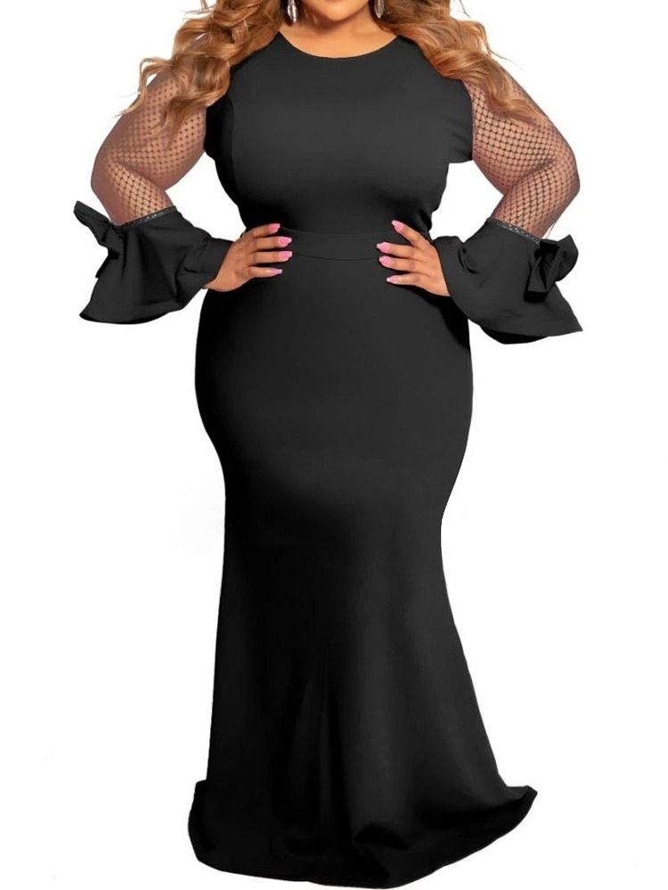 Patchwork Långärmad Golvlång Sjöjungfrutröja Bodycon Klänning Plus Size