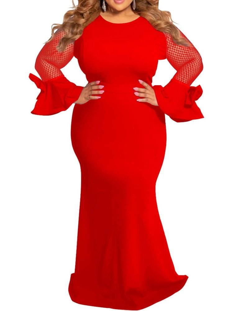 Patchwork Långärmad Golvlång Sjöjungfrutröja Bodycon Klänning Plus Size