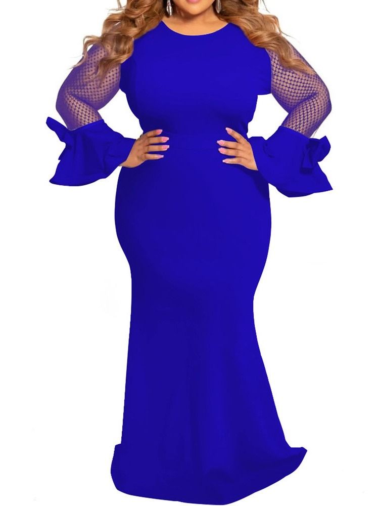Patchwork Långärmad Golvlång Sjöjungfrutröja Bodycon Klänning Plus Size