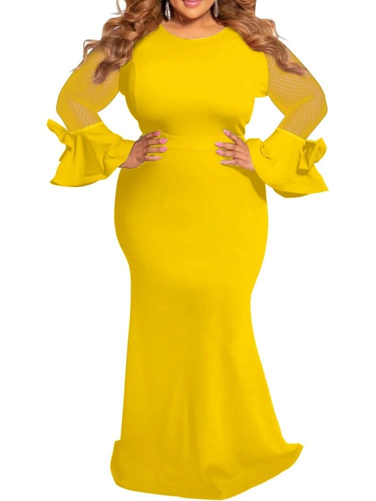 Patchwork Långärmad Golvlång Sjöjungfrutröja Bodycon Klänning Plus Size
