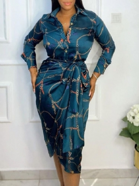 Patchwork Långärmad Knälång Bodycon Sommar Damklänning