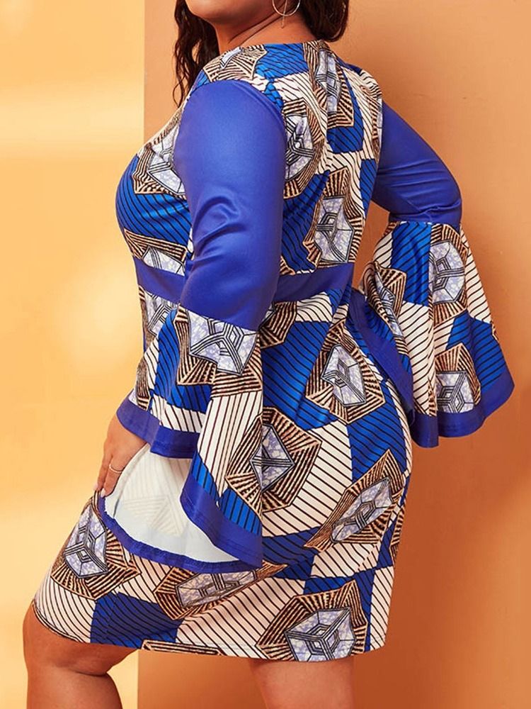 Patchwork Långärmad Ovanför Knä Mode Bodycon Klänning Plus Size