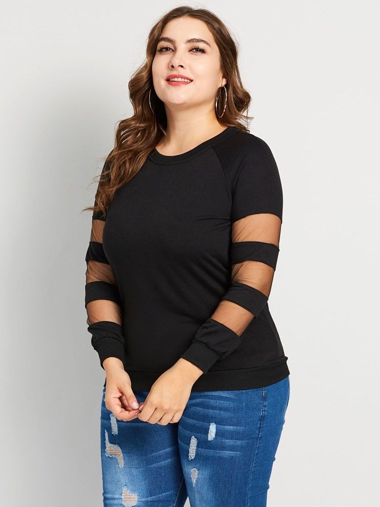 Patchwork Mesh Plus Size Casual T-Shirt