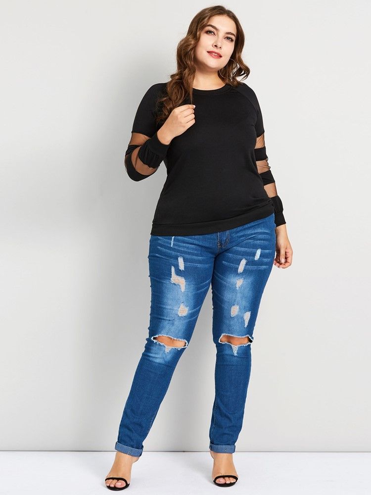 Patchwork Mesh Plus Size Casual T-Shirt