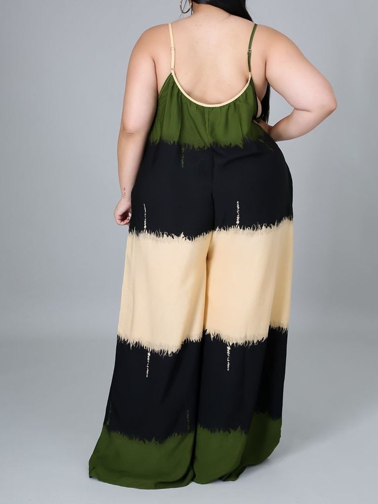 Patchwork Mode Färgblock Lös Dam Jumpsuit Med Hög Midja Plus Size