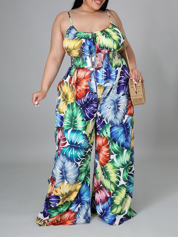 Patchwork Mode Färgblock Lös Dam Jumpsuit Med Hög Midja Plus Size