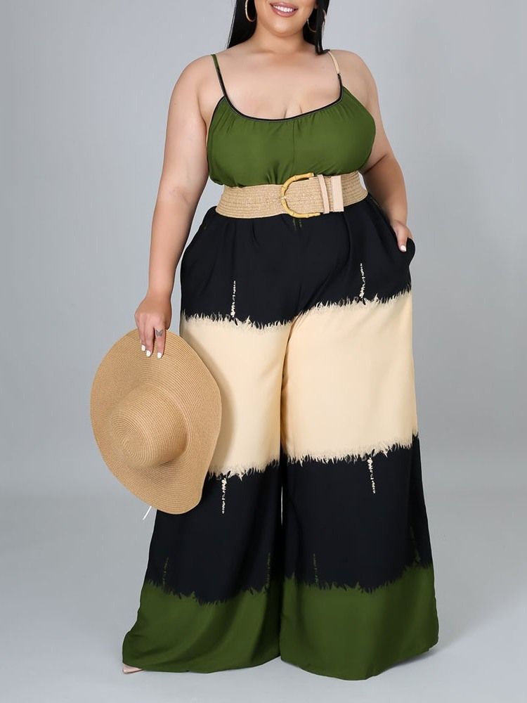 Patchwork Mode Färgblock Lös Dam Jumpsuit Med Hög Midja Plus Size