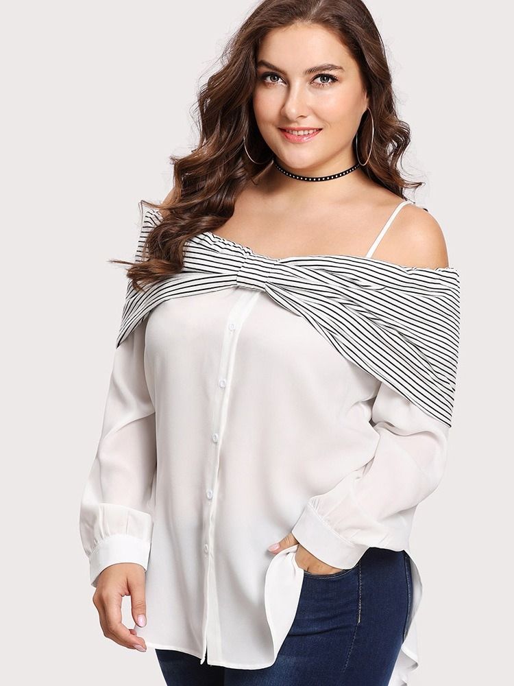 Patchwork Stripe Mid-Length Plus Size Blus