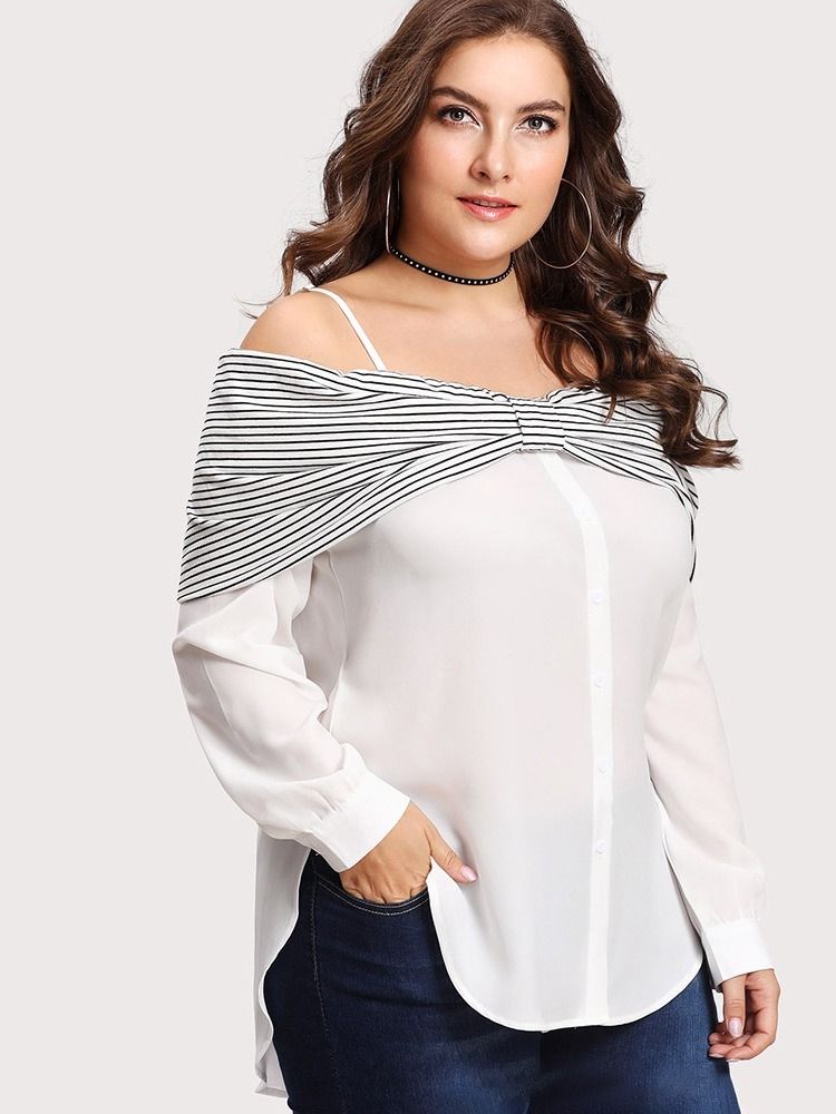 Patchwork Stripe Mid-Length Plus Size Blus