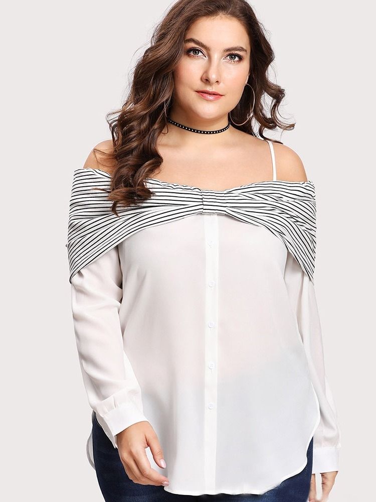 Patchwork Stripe Mid-Length Plus Size Blus