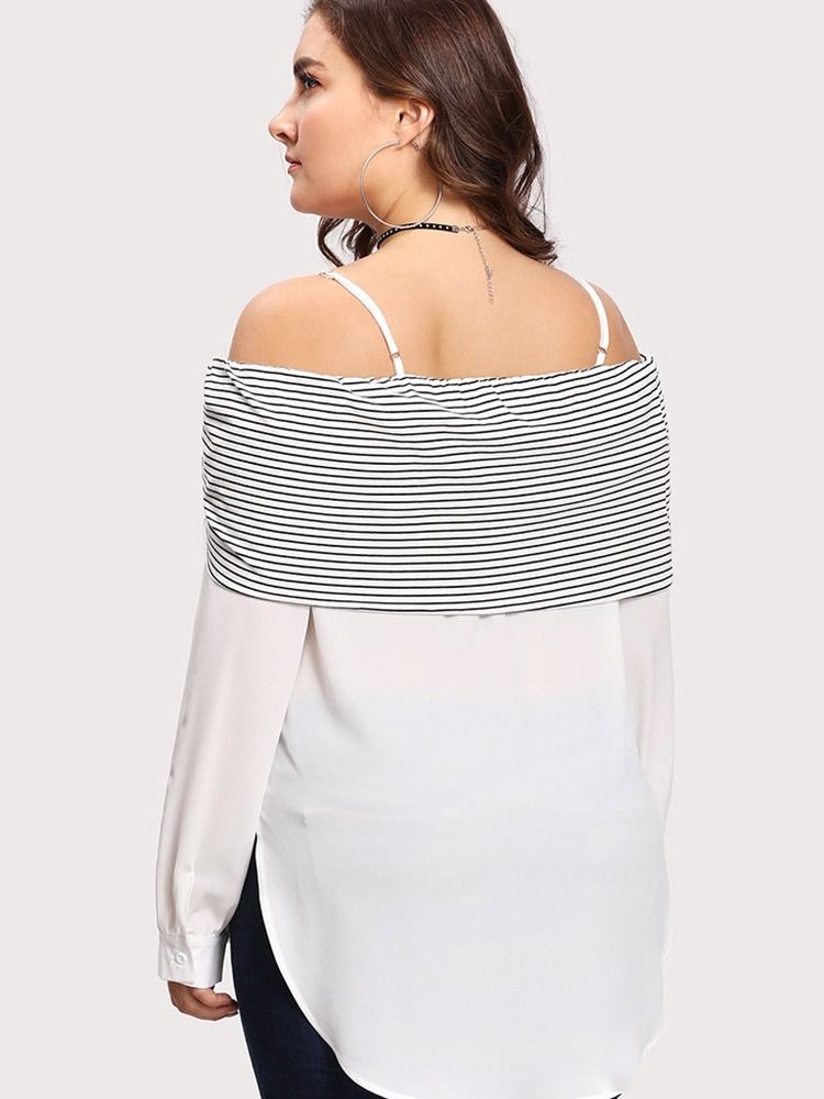 Patchwork Stripe Mid-Length Plus Size Blus