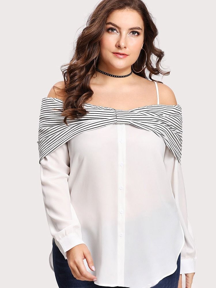 Patchwork Stripe Mid-Length Plus Size Blus