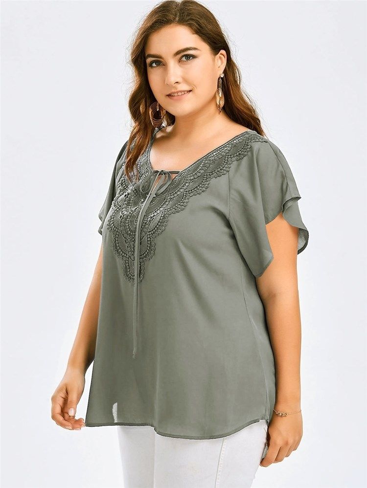 Patchwork T-Shirt Med Spetsar I Plusstorlek