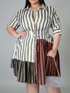 Patchwork Trekvartsärm Knälång Color Block Stripe Plus Size Klänning