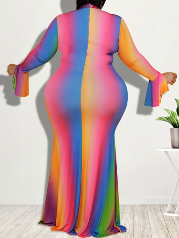 Patchwork Turtleneck Långärmad Gradient Pullover Bodycon Klänning Plus Size