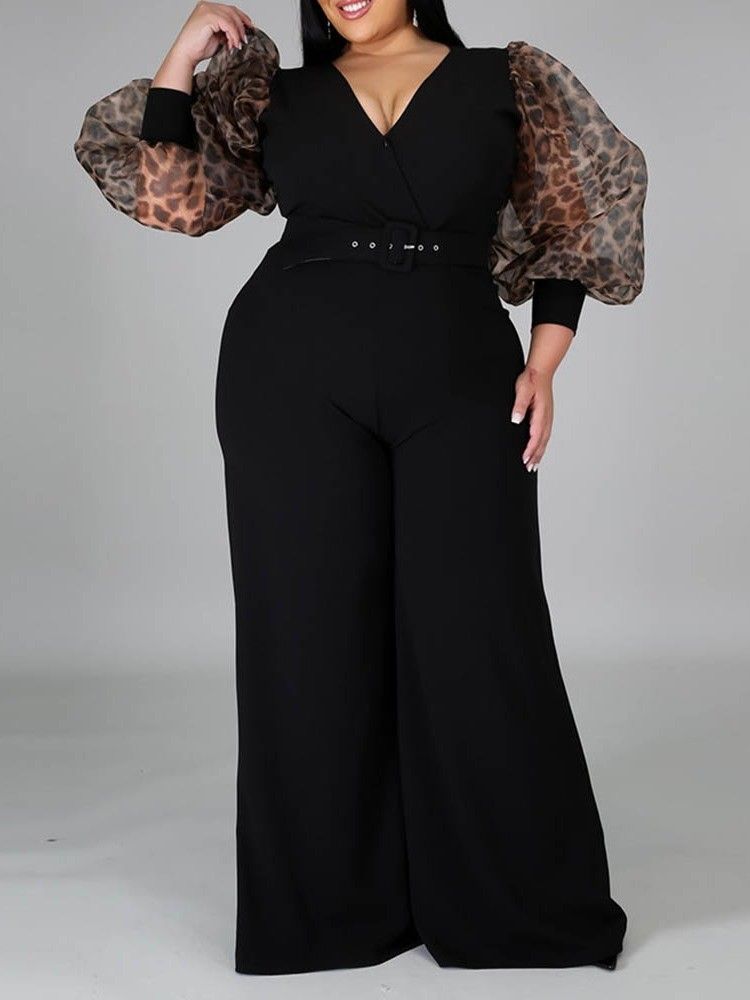 Patchwork Vanlig Hellängd Lösa Breda Ben Dam Jumpsuit Plus Size