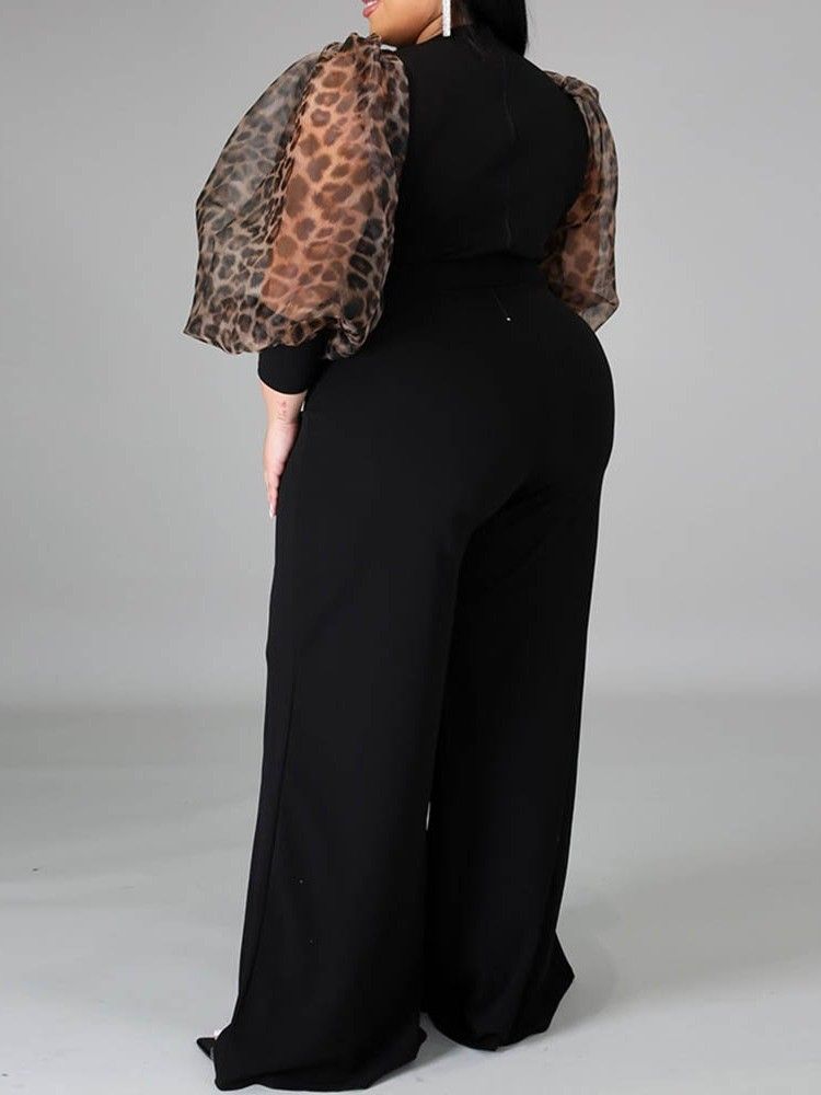 Patchwork Vanlig Hellängd Lösa Breda Ben Dam Jumpsuit Plus Size