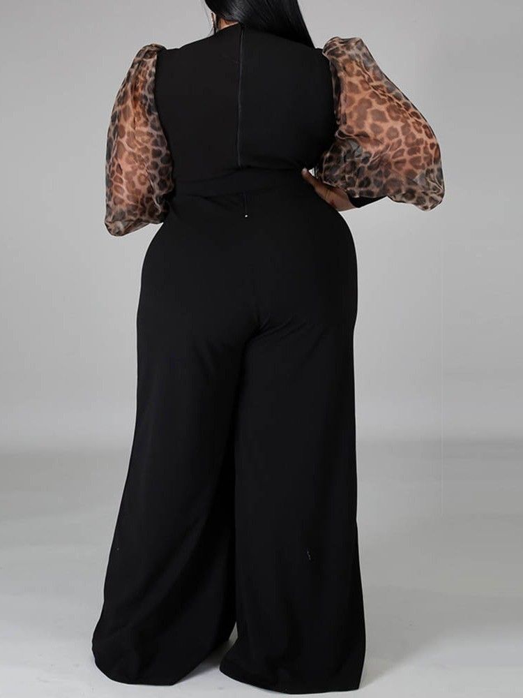 Patchwork Vanlig Hellängd Lösa Breda Ben Dam Jumpsuit Plus Size