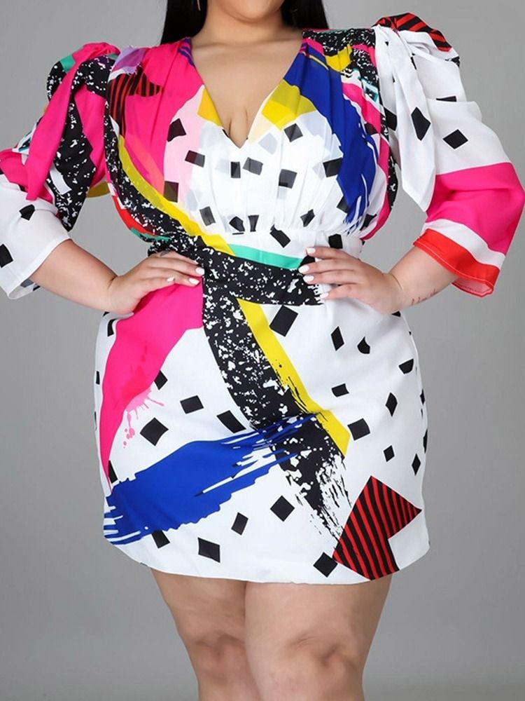 Plisserad Trekvartsärm Ovanför Knä Bodycon Klänning Plus Size