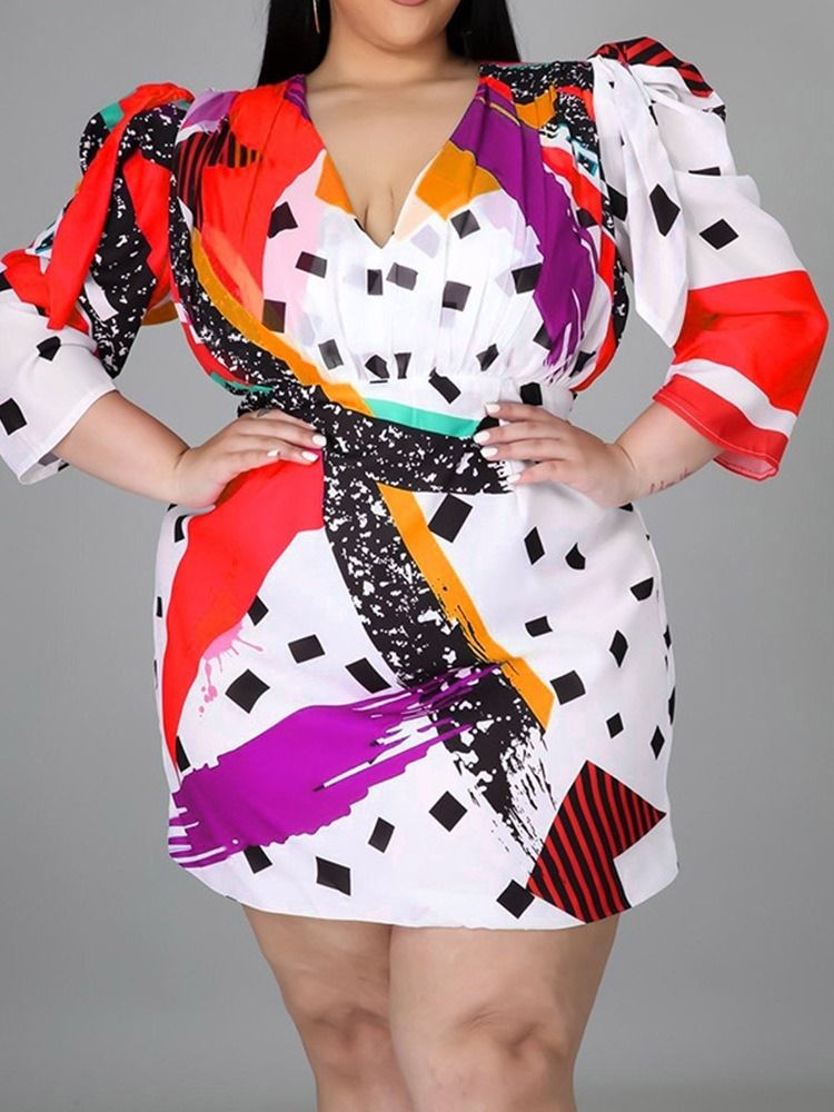 Plisserad Trekvartsärm Ovanför Knä Bodycon Klänning Plus Size